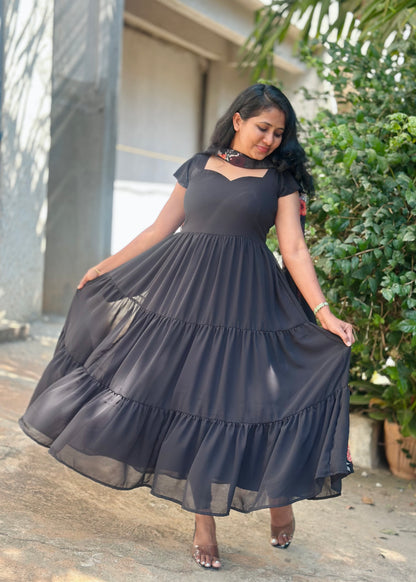 Black Tiered Anarkali with printed dupatta