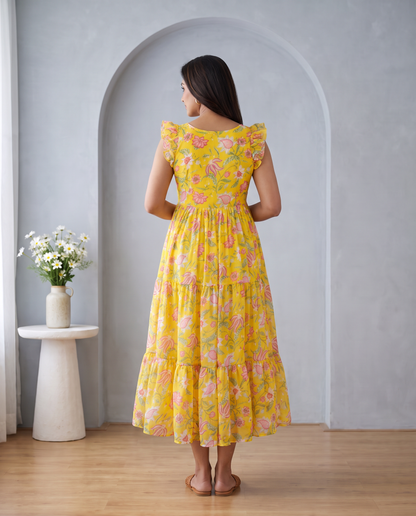 Sunlit Bloom Floral Ruffle Shoulder Chiffon Dress