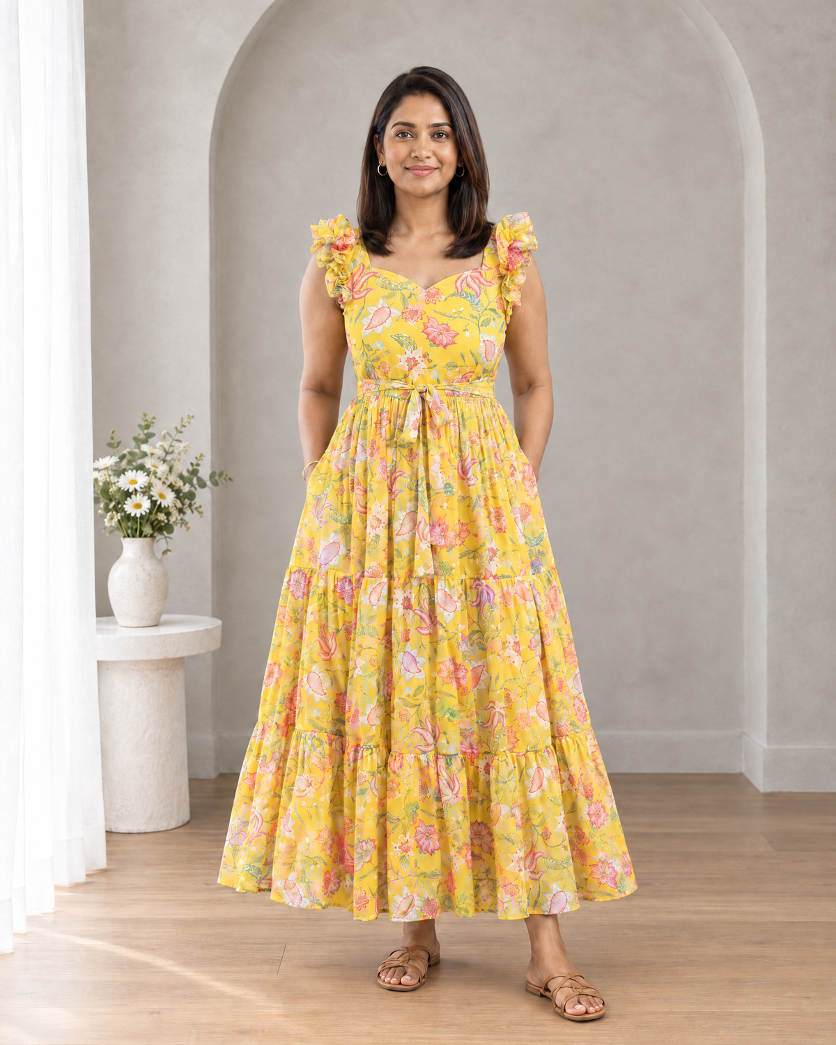 Sunlit Bloom Floral Ruffle Shoulder Chiffon Dress