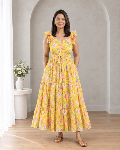 Sunlit Bloom Floral Ruffle Shoulder Chiffon Dress