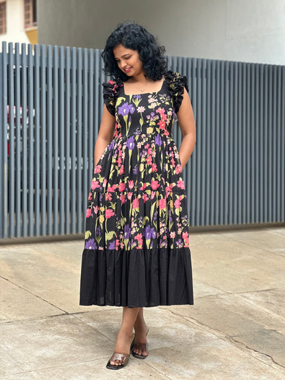 Zeya Black 3 tiered midi  Dress