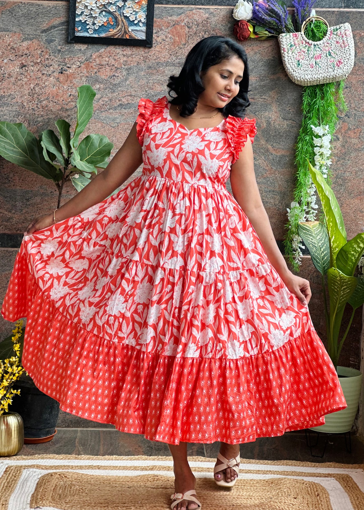 Coral Crush Cotton Midi Dress