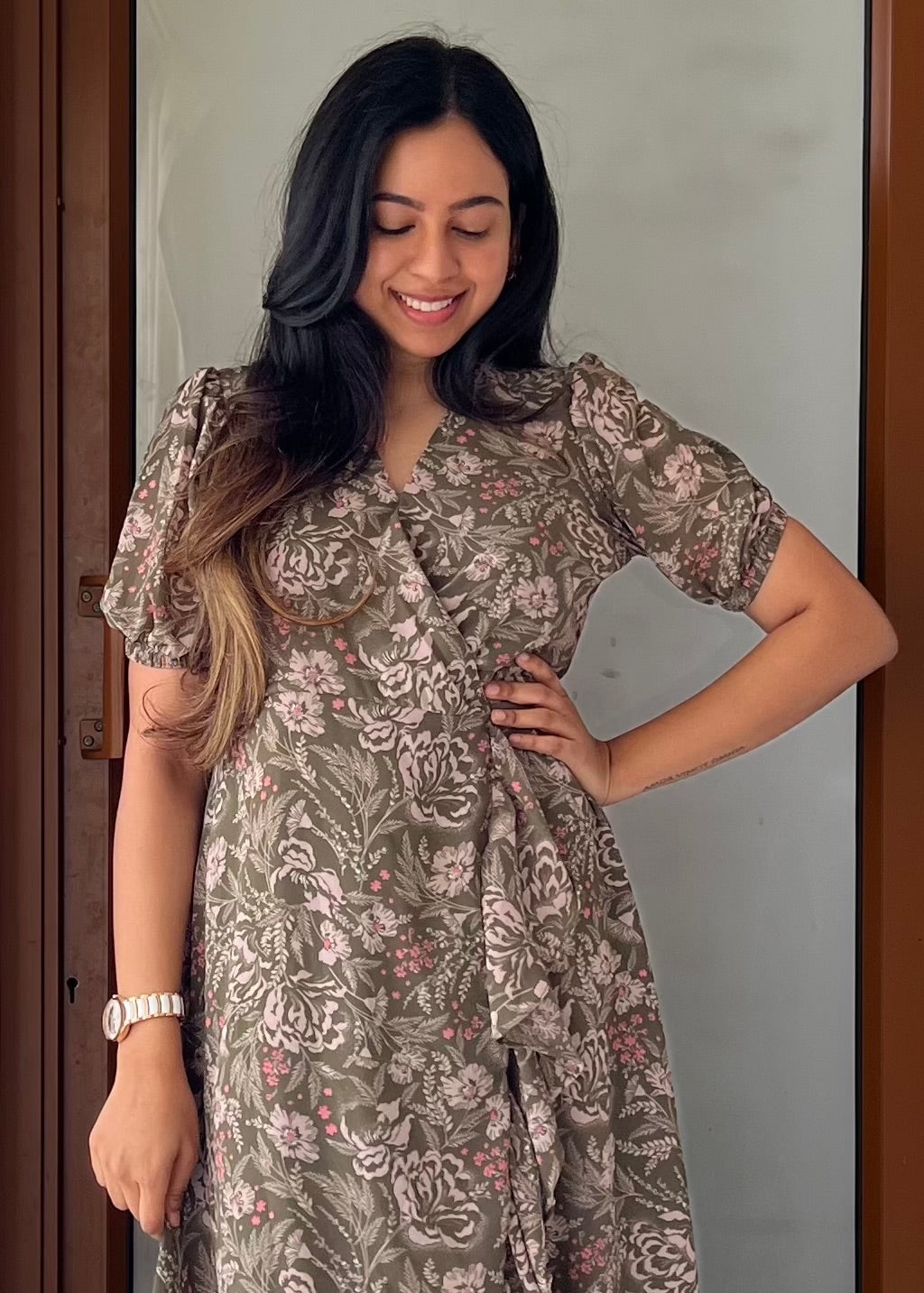 Olive Floral Wrap Dress