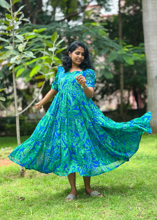Lillian Blue Tropical print 3 Tiered Dress