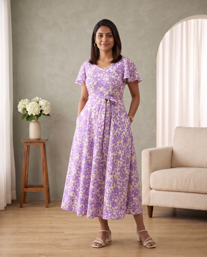 Lilac Poetry  Floral Flared Dress