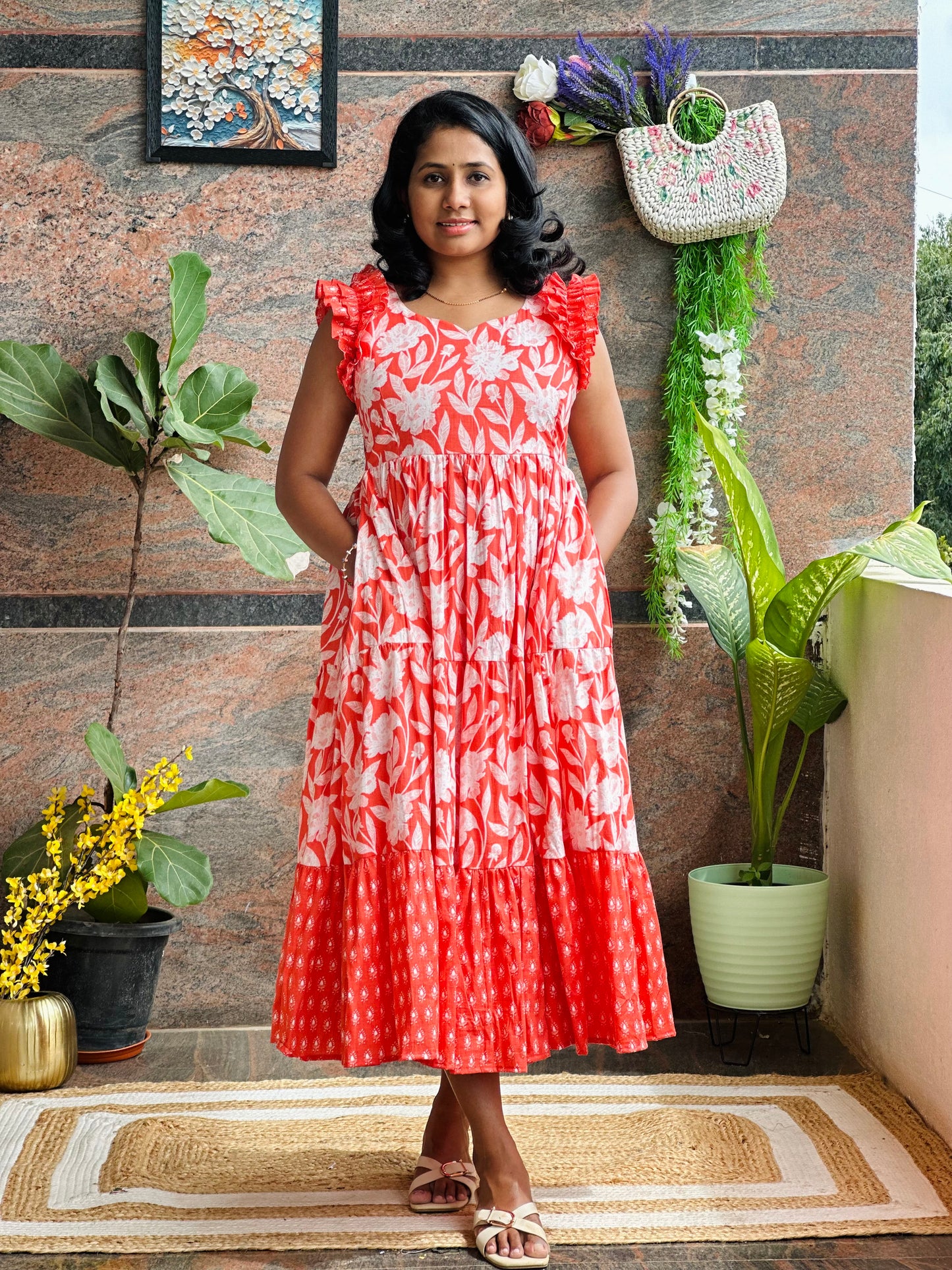 Coral Crush Cotton Midi Dress