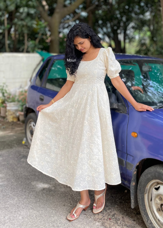 Nihira Off White Schiffli Midi Dress