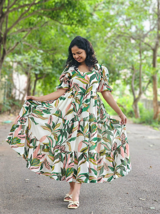 Leaf Whisper Tiered Dress
