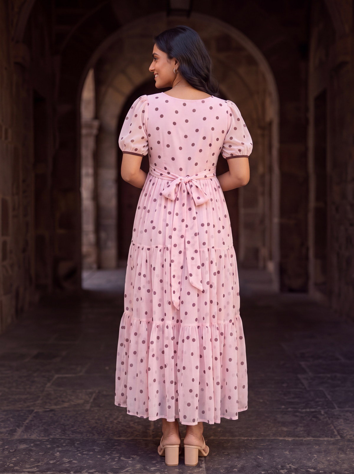 Maribel Blush Pink Polka Dot Chiffon Midi Dress