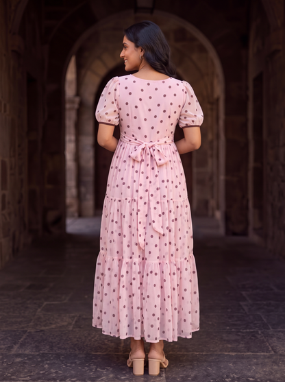 Maribel Blush Pink Polka Dot Chiffon Midi Dress