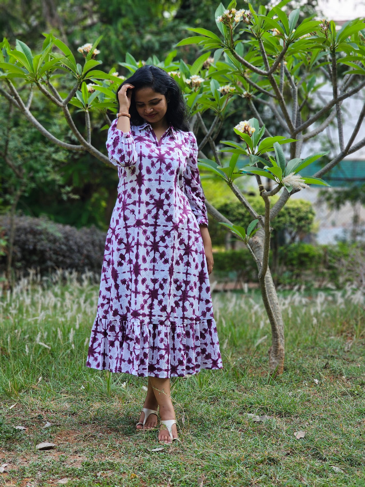 Berry Bloom A line Cotton Midi Dress
