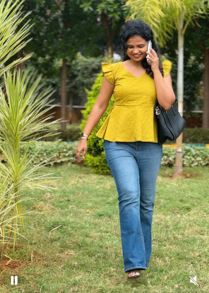 Mustard Hakoba peplum Short Top