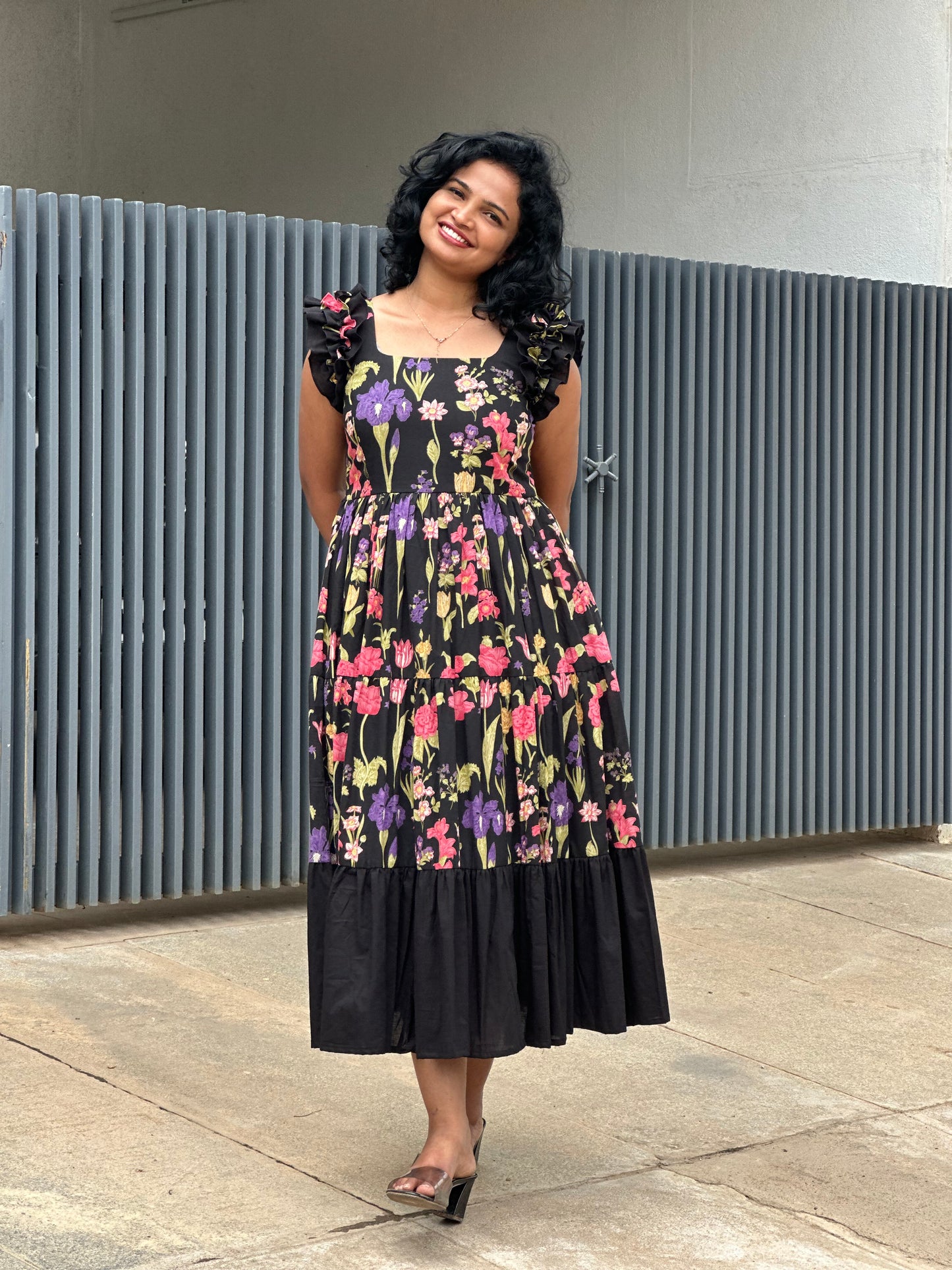 Zeya Black 3 tiered midi  Dress