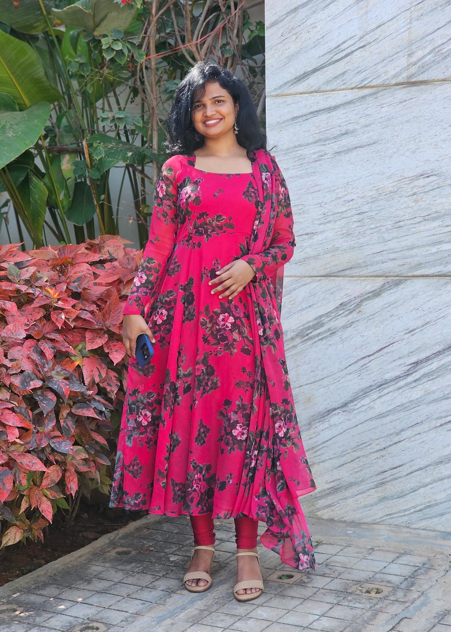 Berry Pink Floral Print Anarkali