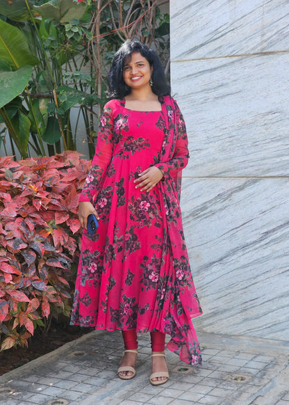 Berry Pink Floral Print Anarkali
