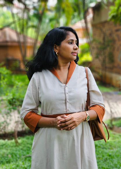 Cotton Linen Midi Dress with Collar, Pockets-Ivory Colour – Office Wear – Ready to Ship