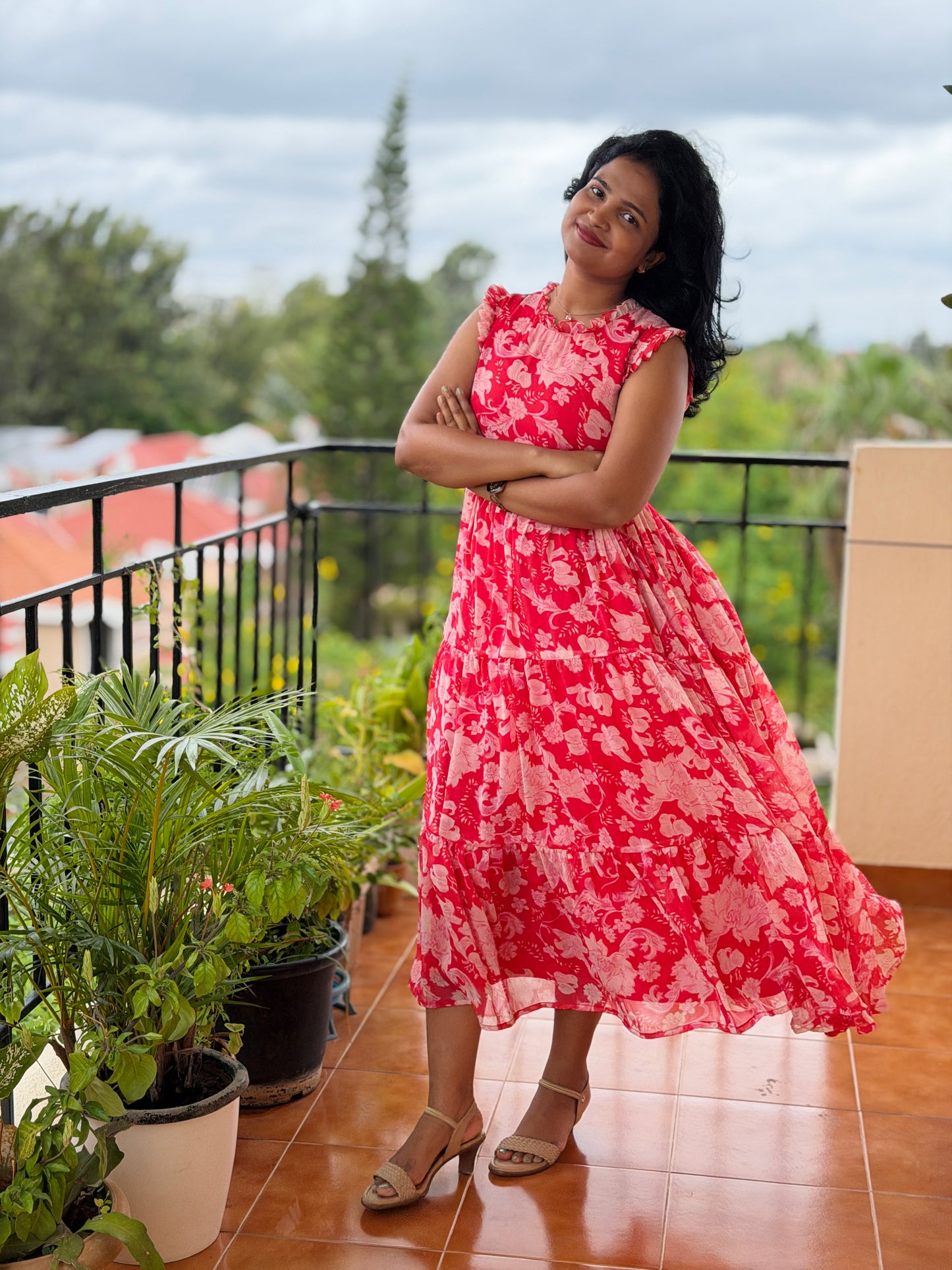 Midora Red Chiffon tiered dress