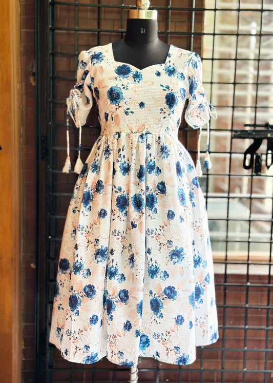 Raaya White and Blue Floral Midi Dress