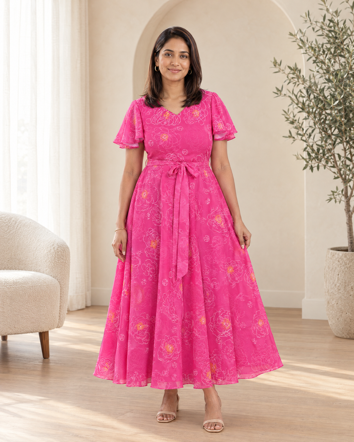Fuchsia Flair Floral Flared Dress