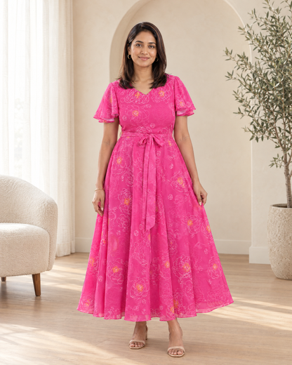 Fuchsia Flair Floral Flared Dress