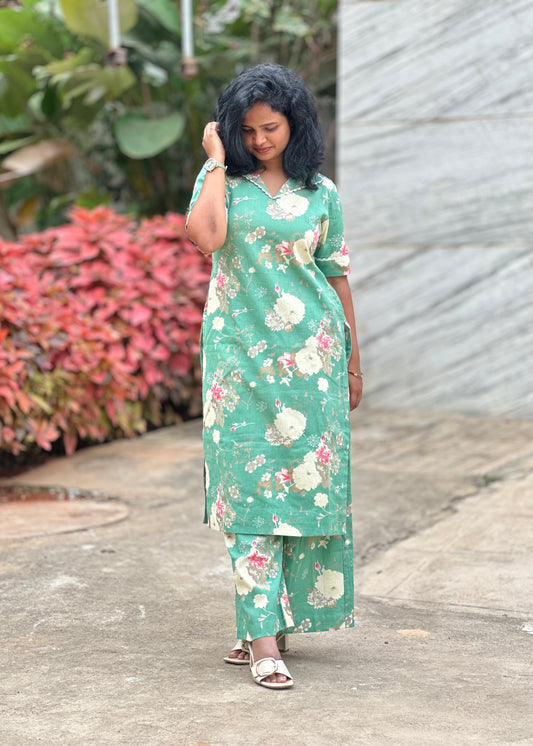 Evara Floral Green Kurta Set