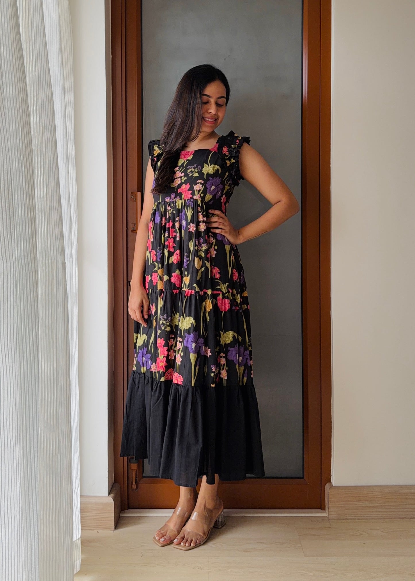 Zeya Black 3 tiered midi  Dress