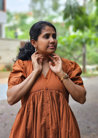 Rust Brown Cotton Midi Dress- Ready to ship