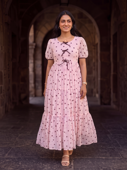 Maribel Blush Pink Polka Dot Chiffon Midi Dress