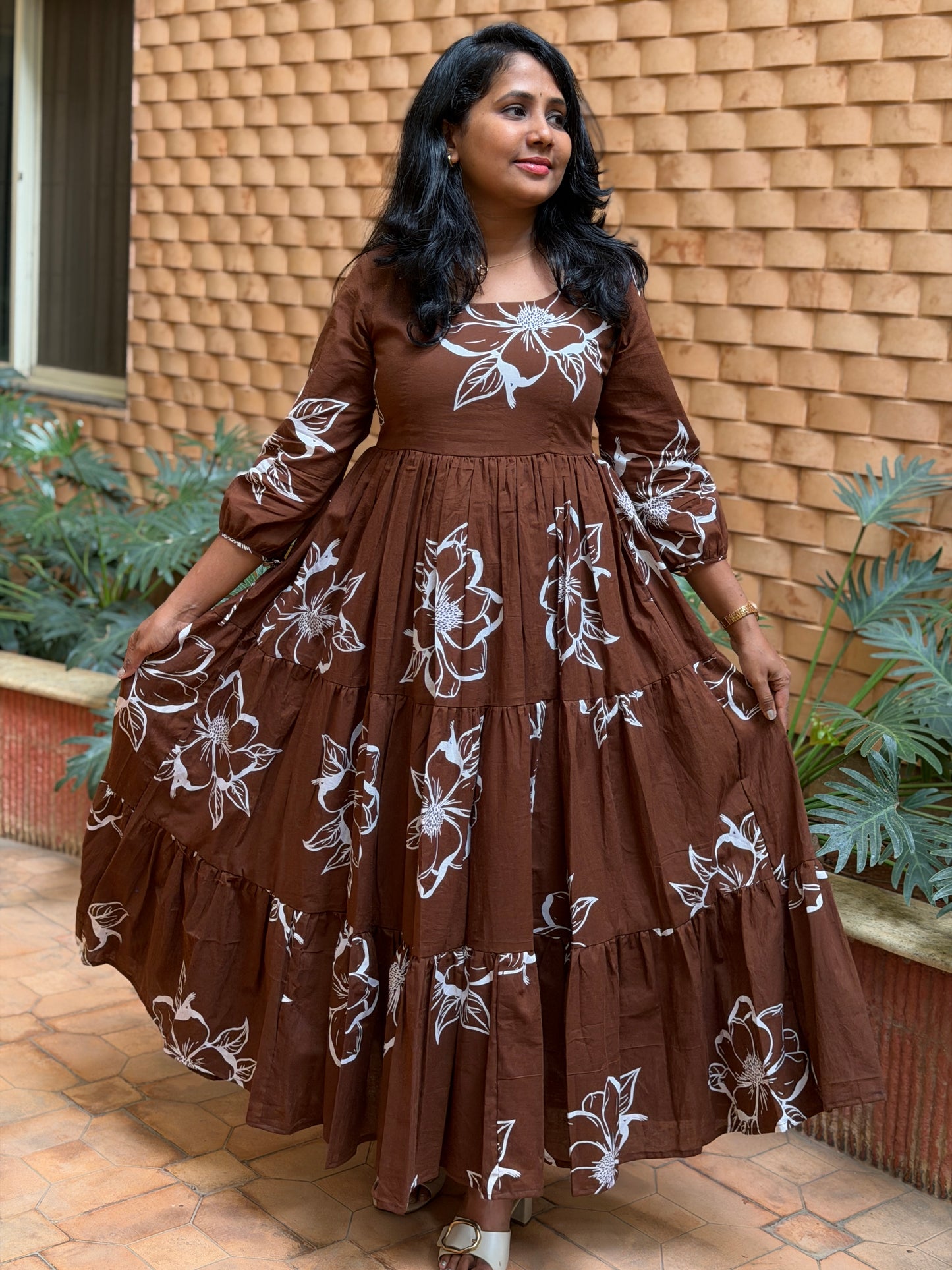 Siena Cotton Maxi Dress — Brown Floral Print
