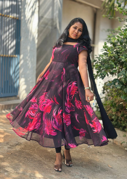 Black with Pink feather print Anarkali