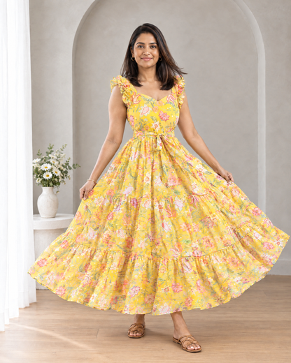 Sunlit Bloom Floral Ruffle Shoulder Chiffon Dress