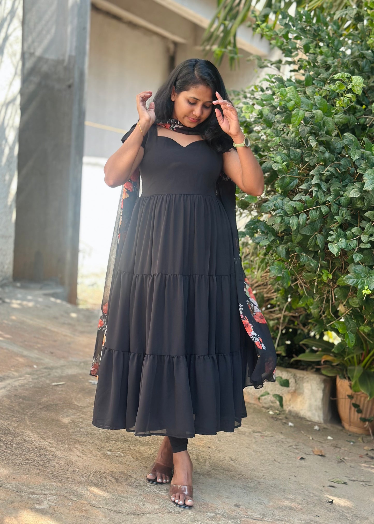 Black Tiered Anarkali with printed dupatta