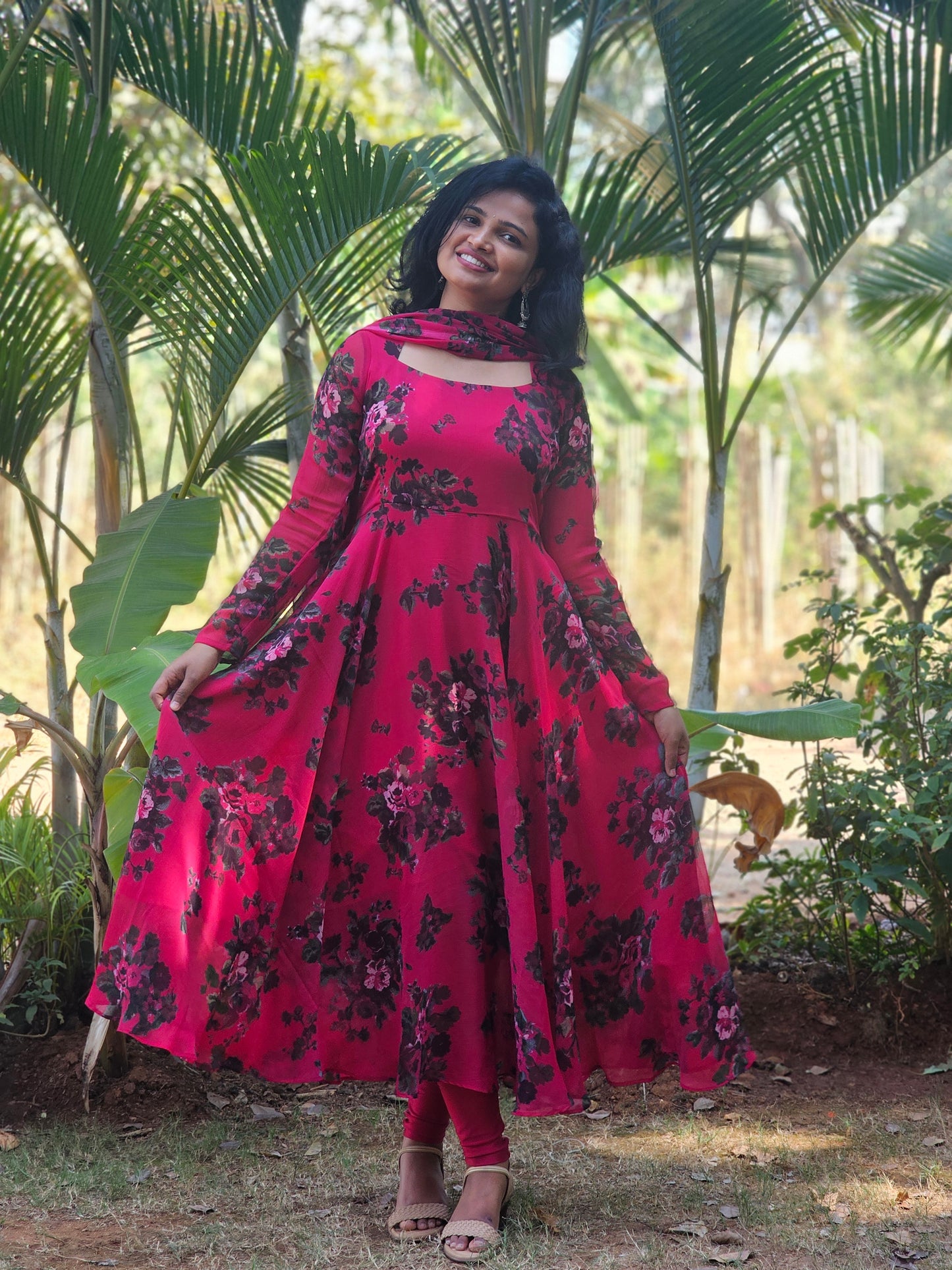 Berry Pink Floral Print Anarkali