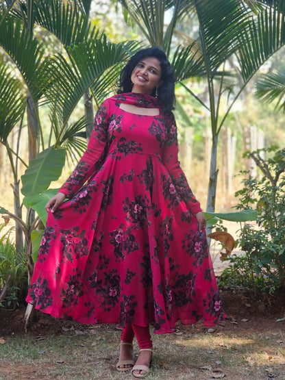 Berry Pink Floral Print Anarkali