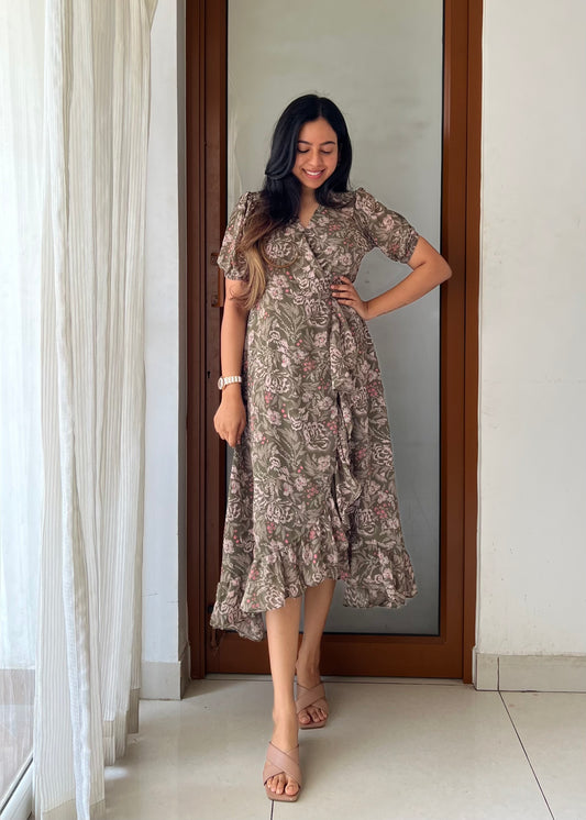Olive Floral Wrap Dress