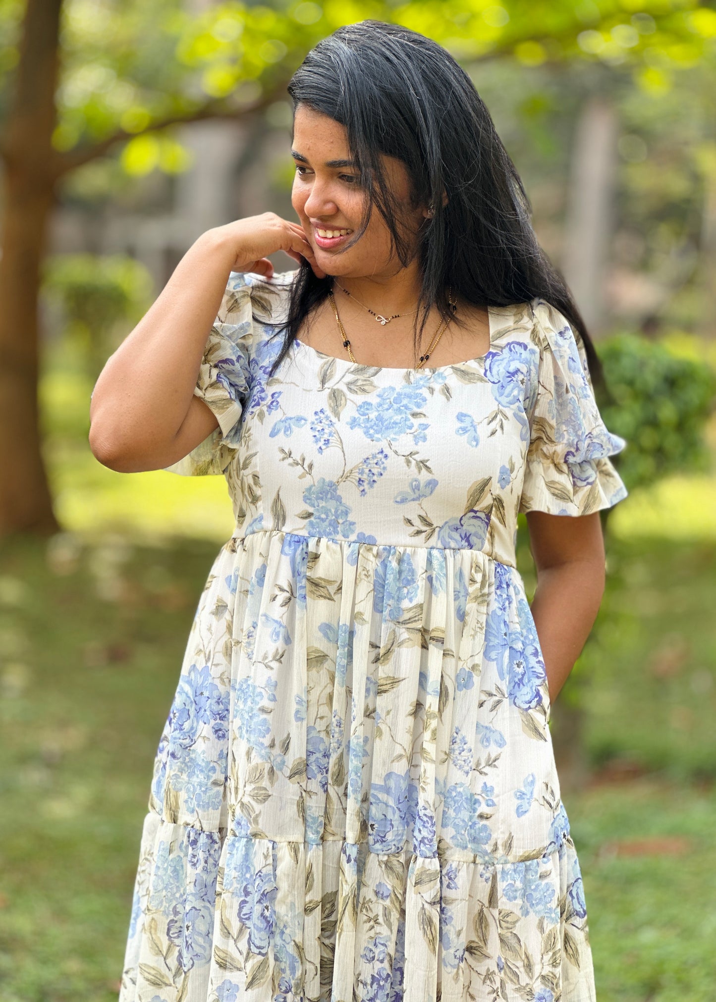 Iriselle White and Blue Floral  3 Tiered Dress