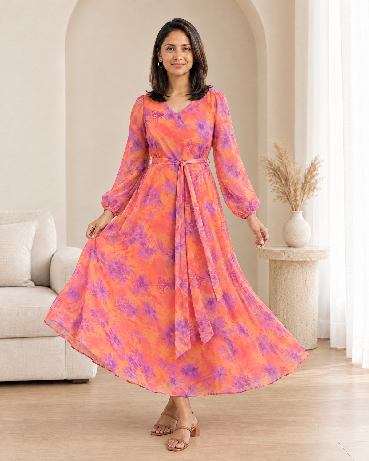 Sunset Splash oral Orange Floral Flared Dress