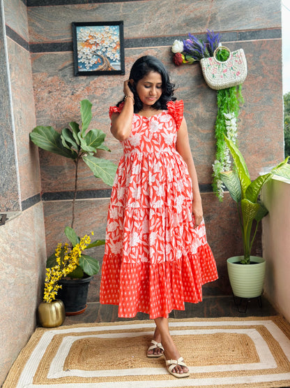 Coral Crush Cotton Midi Dress