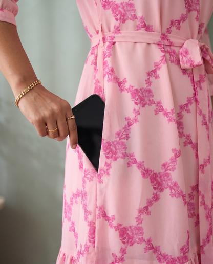 Rose Tangle Blush Pink Floral Midi Dress