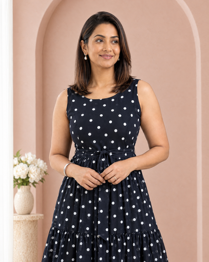 Polka Affair Dark Navy Blue Polka Dot Tiered Maxi Dress