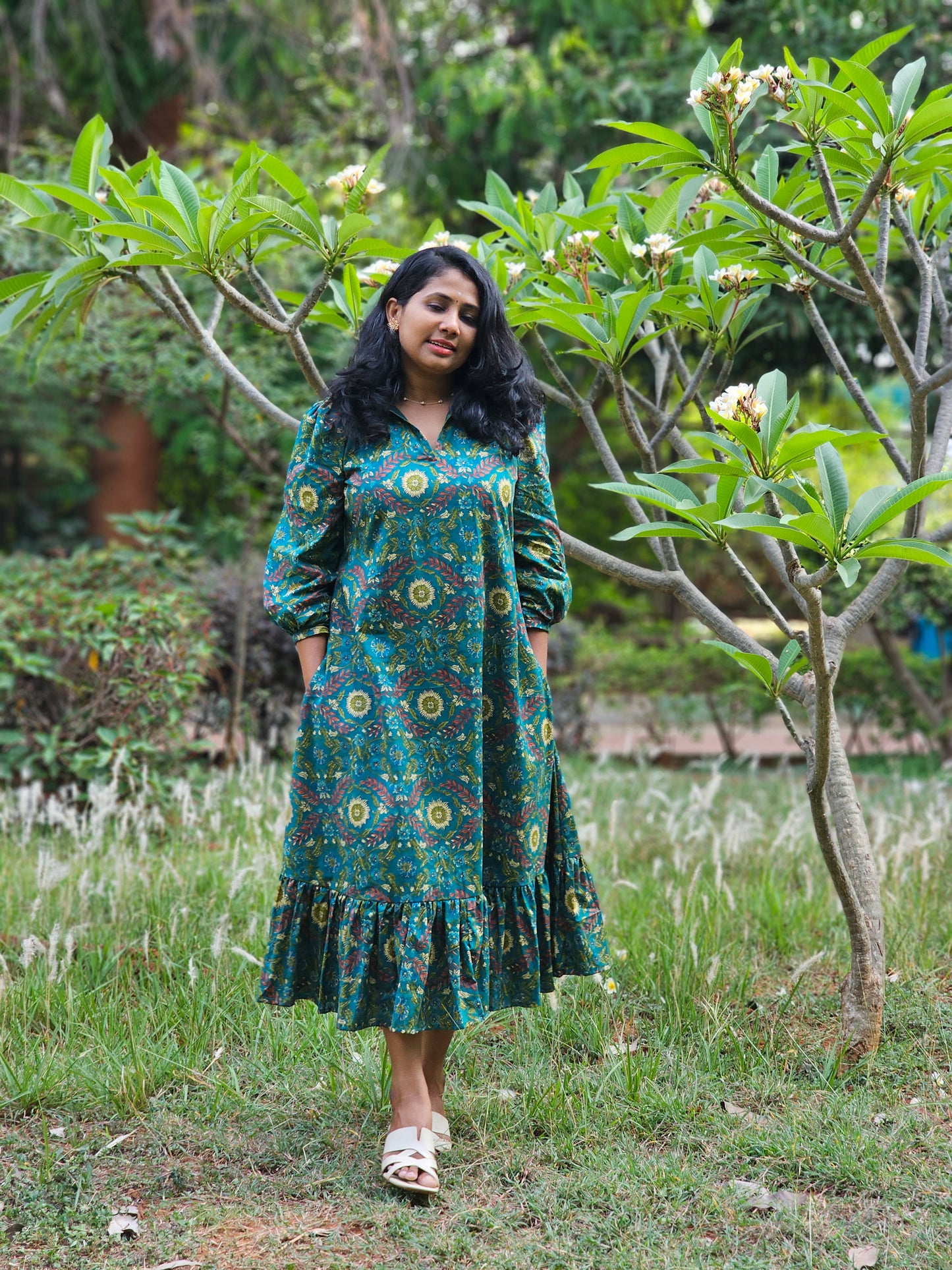 Forest Muse A line Cotton Midi Dress