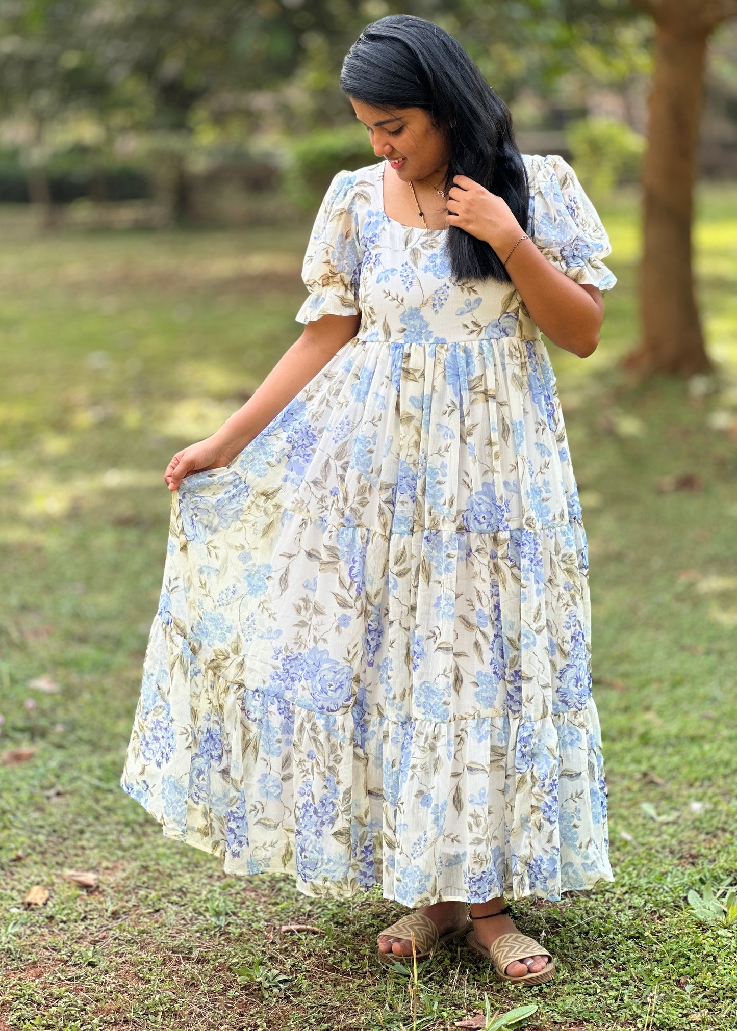 Iriselle White and Blue Floral  3 Tiered Dress