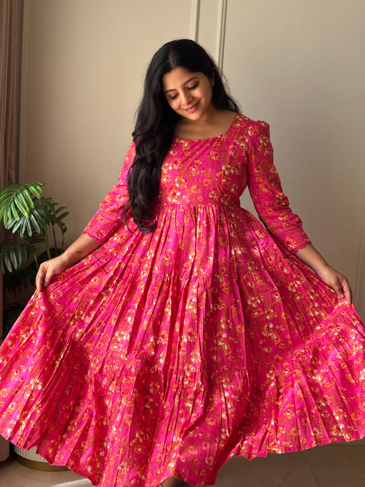 Camellia Floral Cotton Tiered Midi Dress