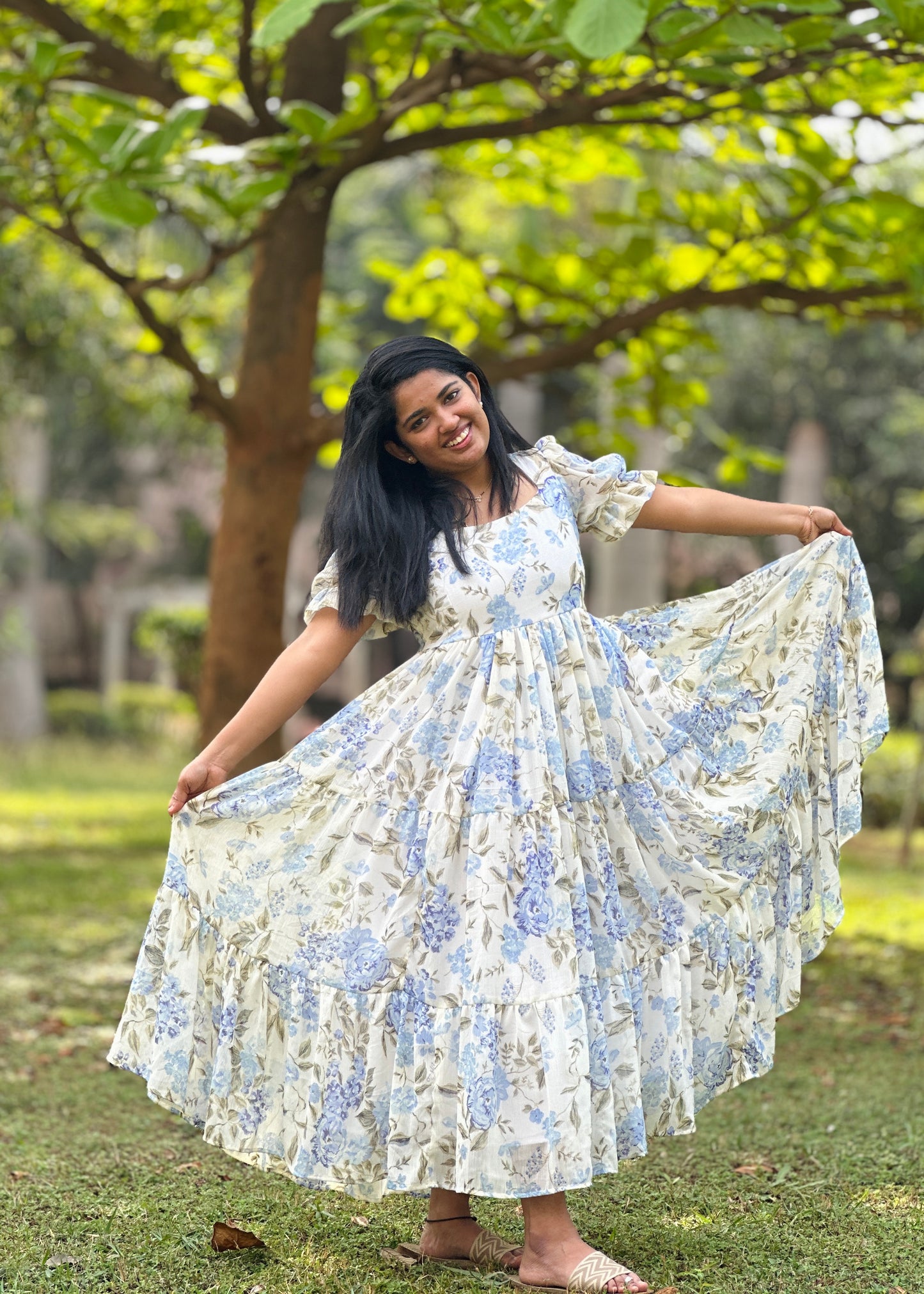 Iriselle White and Blue Floral  3 Tiered Dress