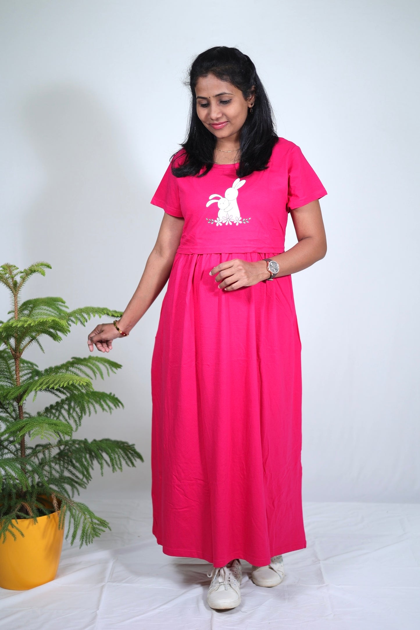 [2XL ONLY]- Pink Bunny Print Solid Maternity & Feeding Loungewear