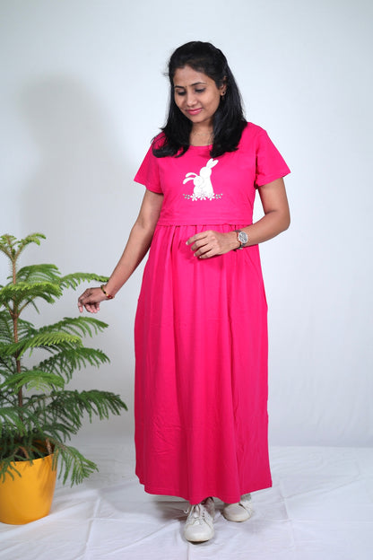 [2XL ONLY]- Pink Bunny Print Solid Maternity & Feeding Loungewear