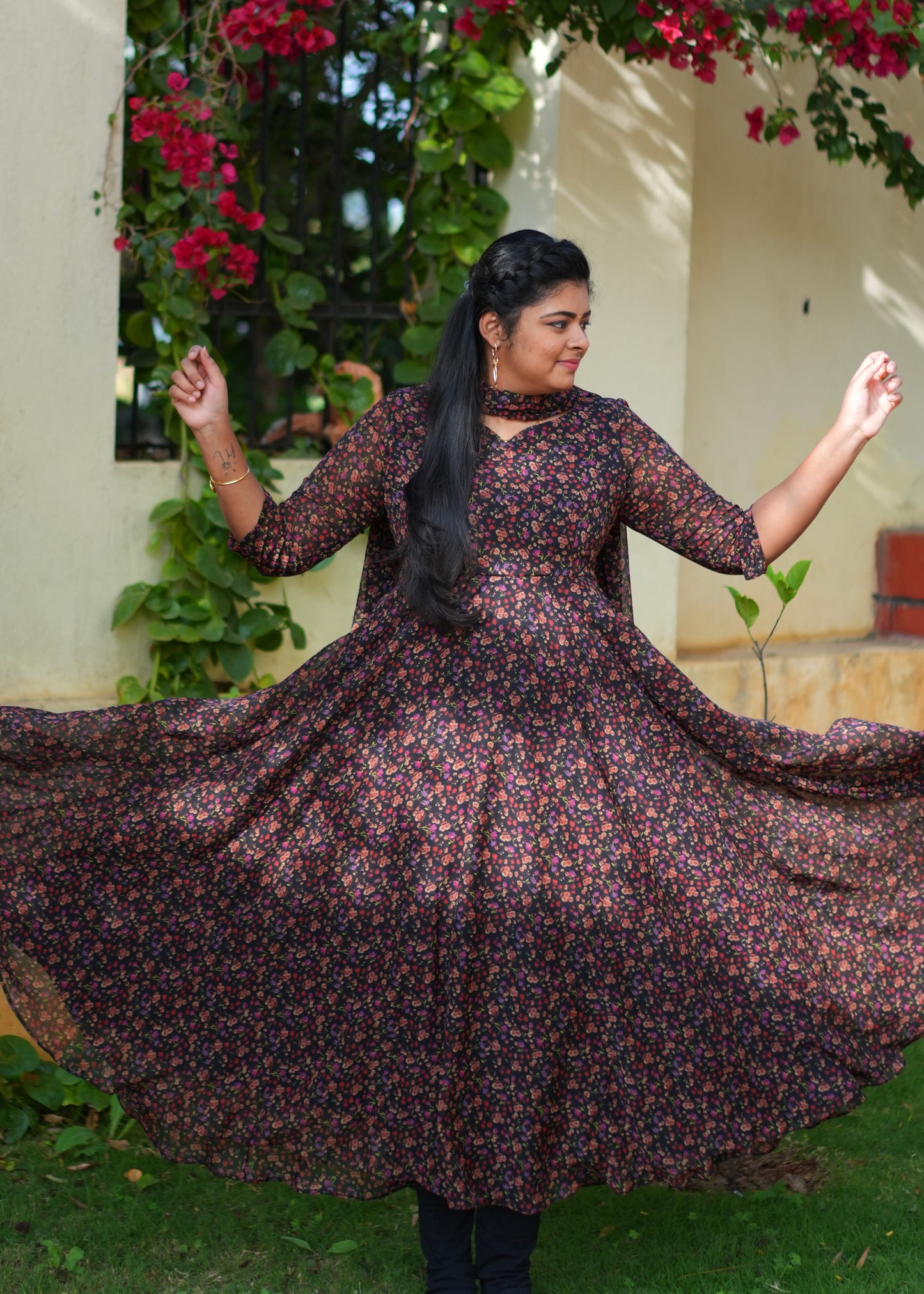 Black Ditsy Anarkali Kurta & Dupatta Set