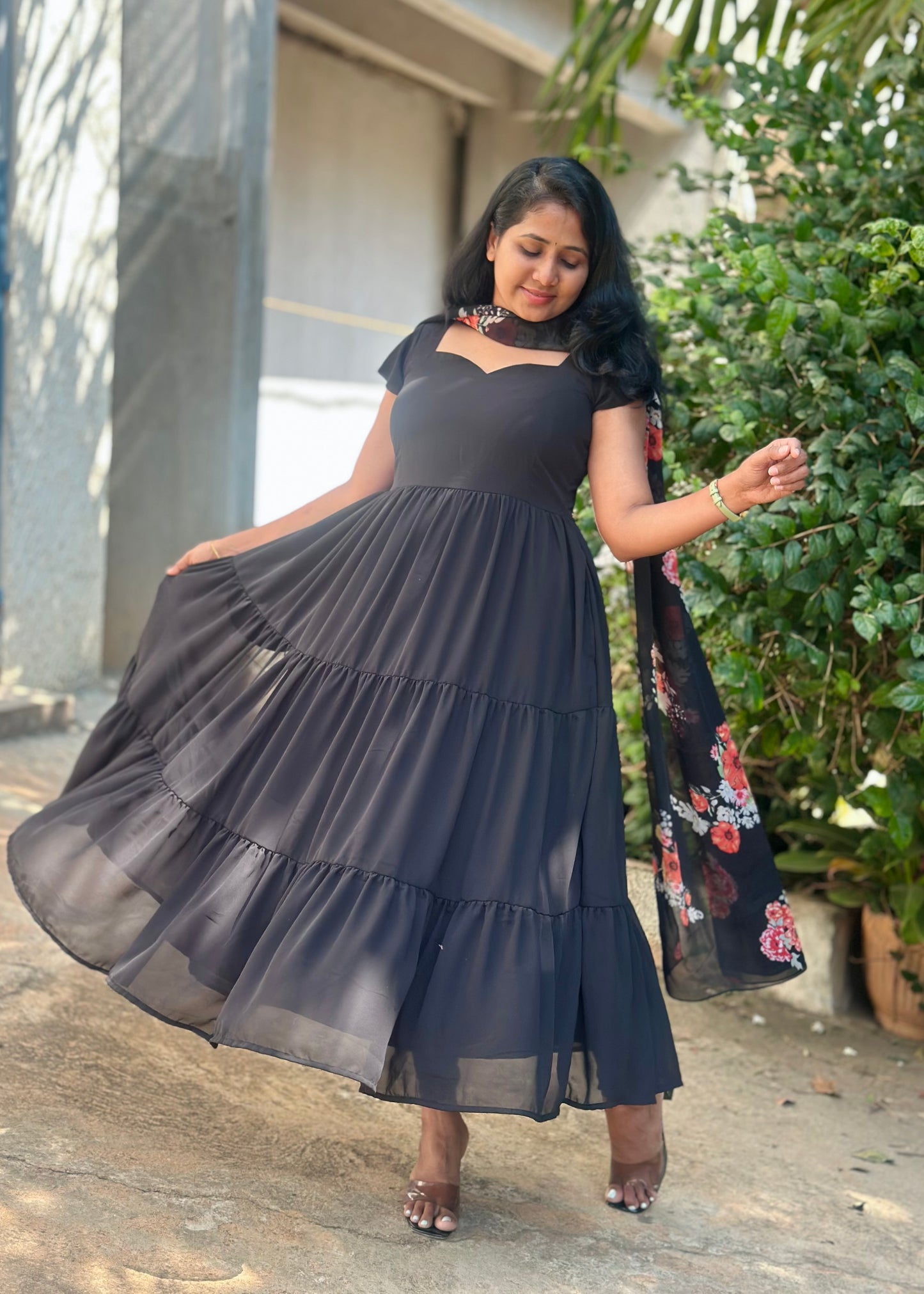Black Tiered Anarkali with printed dupatta