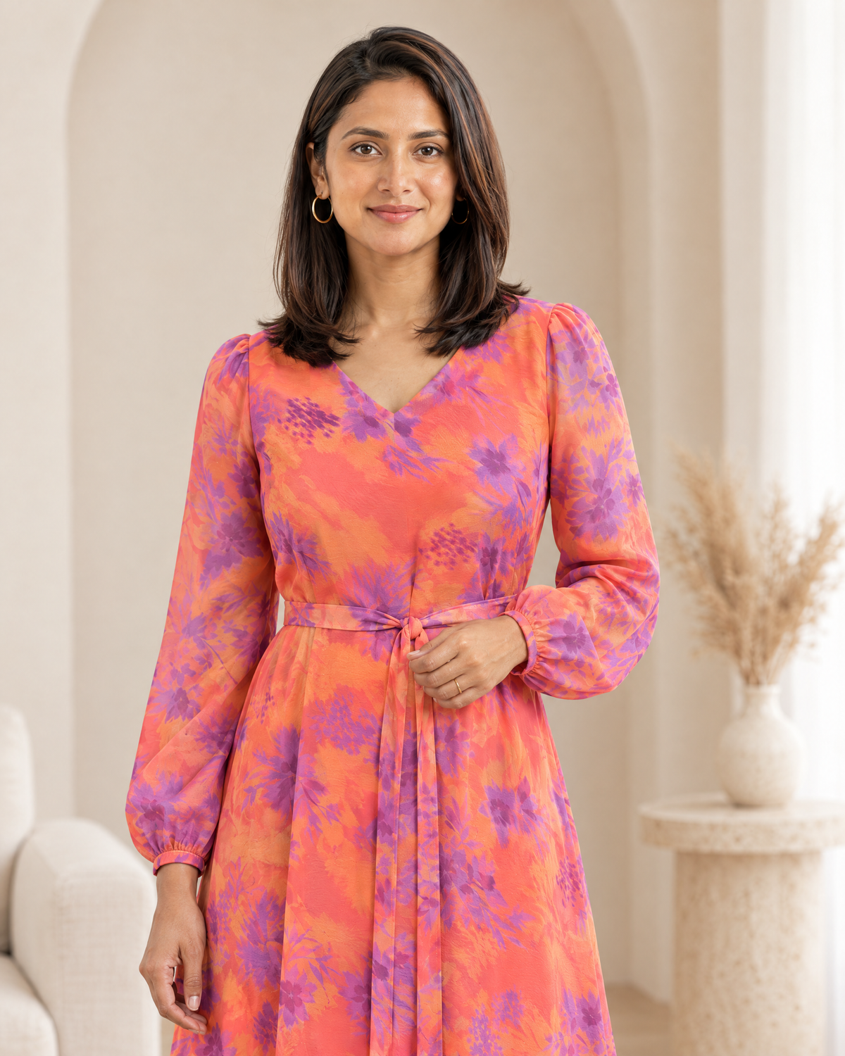 Sunset Splash oral Orange Floral Flared Dress