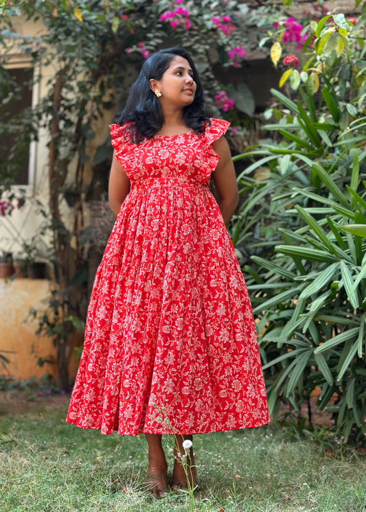 Isha Red Floral Cotton Midi Dress